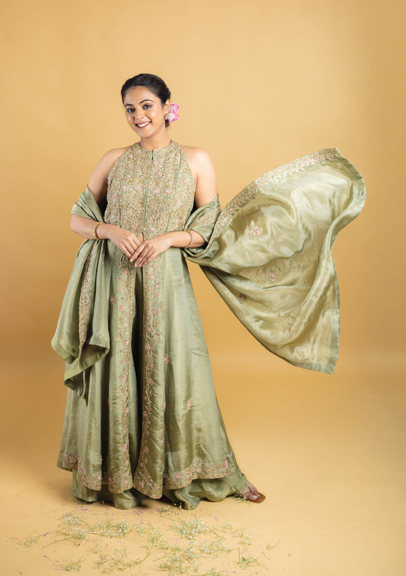 designer hand embroidered anarkali with flared kali pant