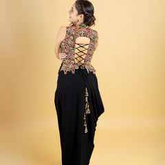 Designer indo western attire, cowl skirt with a corset top, top highlighted with hand embroidery