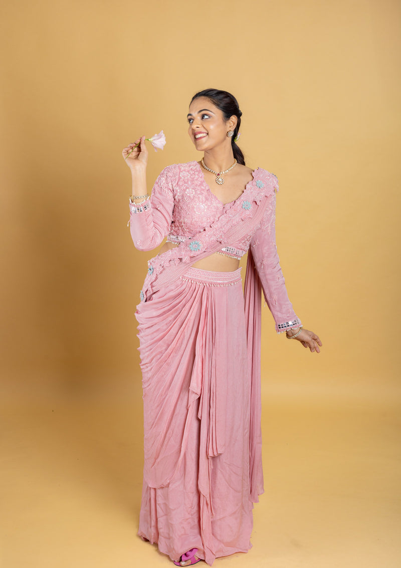Designer hand embroidered indo western draped saree,pallu with bonning