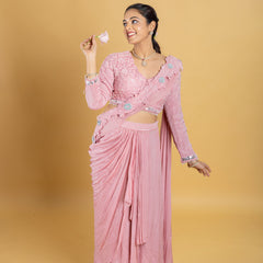 Designer hand embroidered indo western draped saree,pallu with bonning