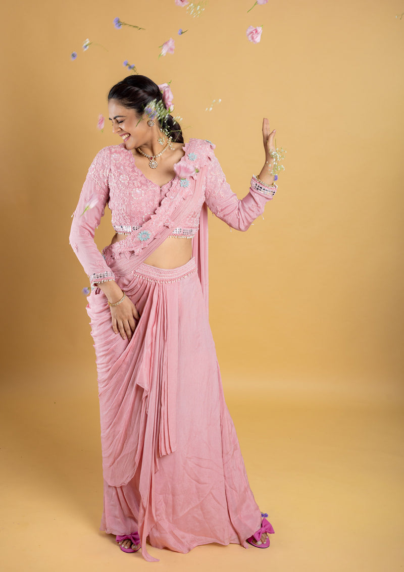 Designer hand embroidered indo western draped saree,pallu with bonning