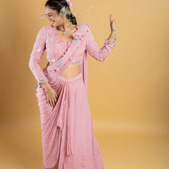 Designer hand embroidered indo western draped saree,pallu with bonning