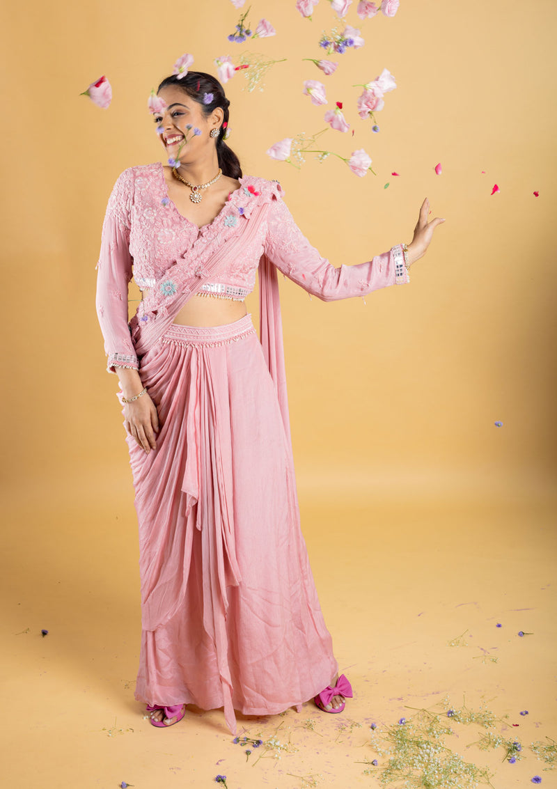 Designer hand embroidered indo western draped saree,pallu with bonning