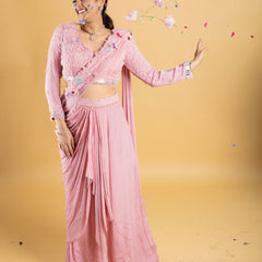 Designer hand embroidered indo western draped saree,pallu with bonning