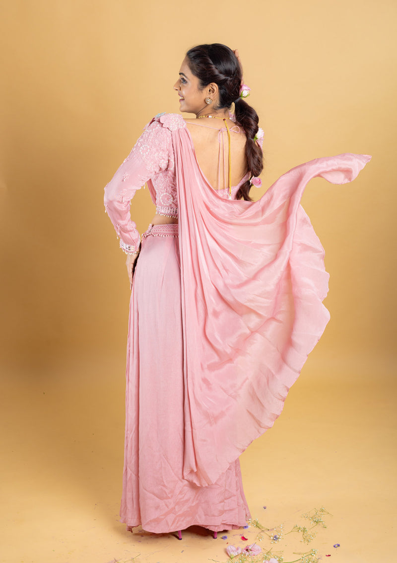 Designer hand embroidered indo western draped saree,pallu with bonning
