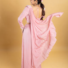 Designer hand embroidered indo western draped saree,pallu with bonning