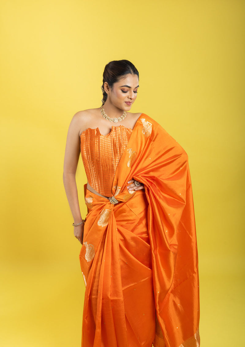 Designer Banarasi Silk Saree With Kadhua Nandi Buttas On Border Clubbed With A Designer Corset Blouse