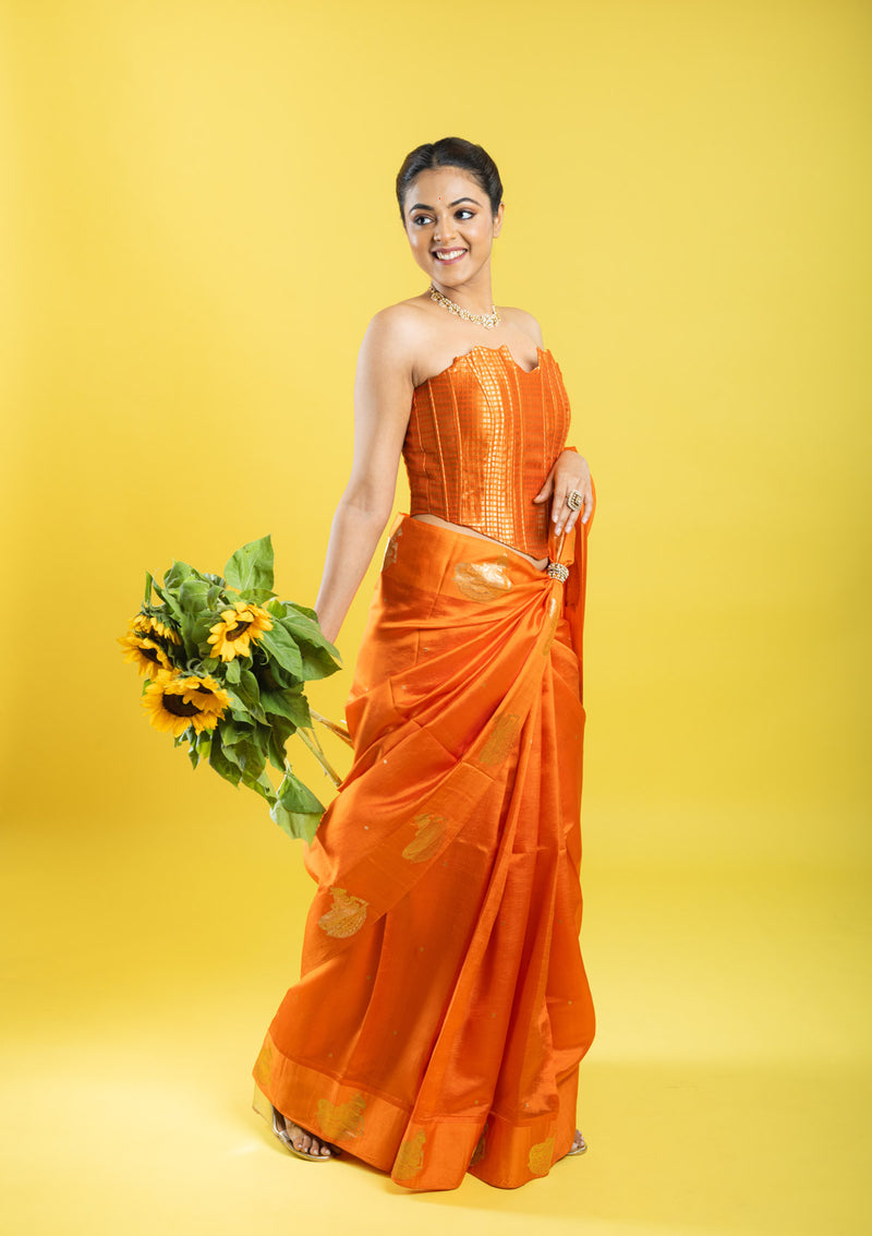 Designer Banarasi Silk Saree With Kadhua Nandi Buttas On Border Clubbed With A Designer Corset Blouse