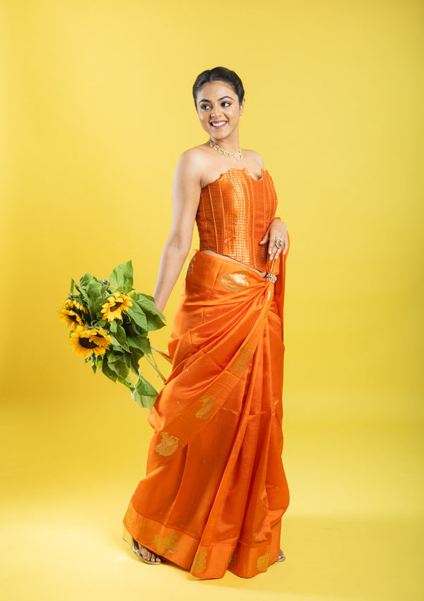 Designer Banarasi Silk Saree With Kadhua Nandi Buttas On Border Clubbed With A Designer Corset Blouse
