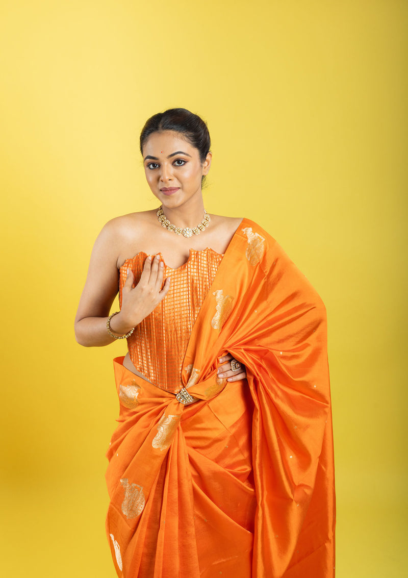 Designer Banarasi Silk Saree With Kadhua Nandi Buttas On Border Clubbed With A Designer Corset Blouse