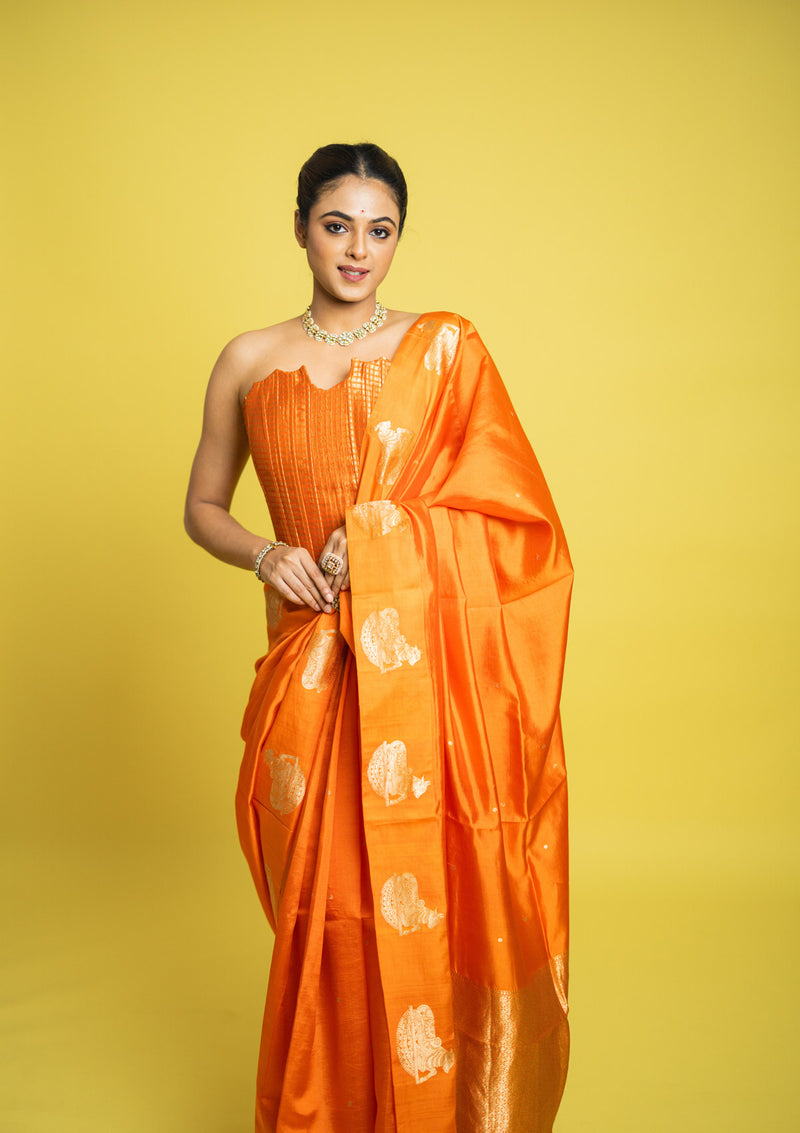 Designer Banarasi Silk Saree With Kadhua Nandi Buttas On Border Clubbed With A Designer Corset Blouse