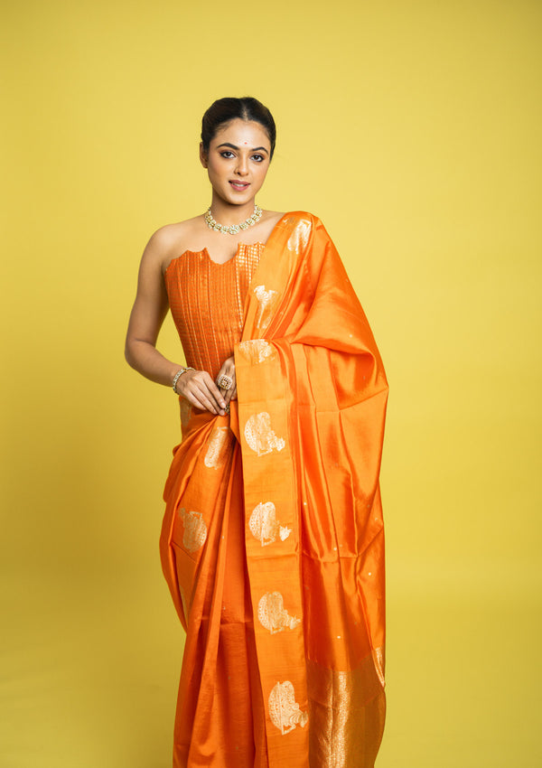 Designer Banarasi Silk Saree With Kadhua Nandi Buttas On Border Clubbed With A Designer Corset Blouse