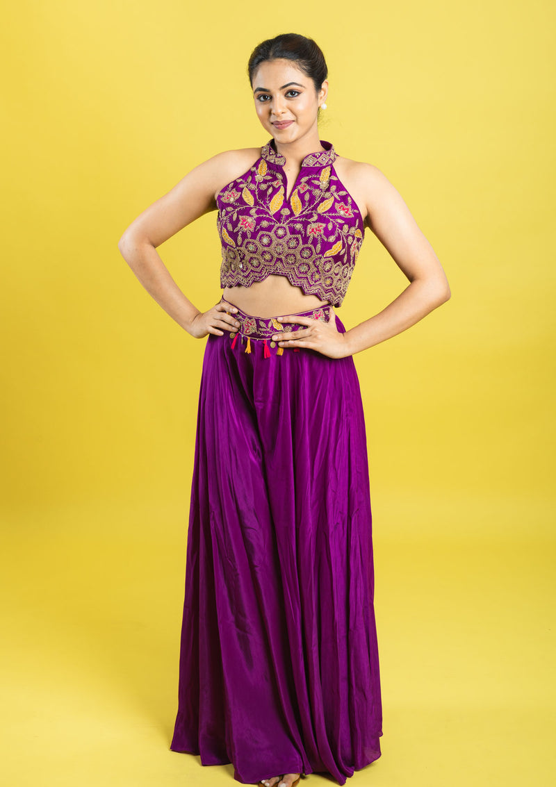 Indo western hand embroidered crop top with flared palazzu pant
