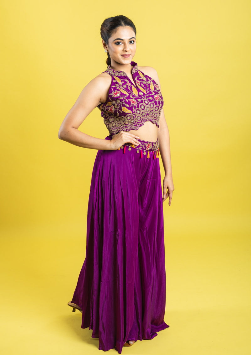 Indo western hand embroidered crop top with flared palazzu pant