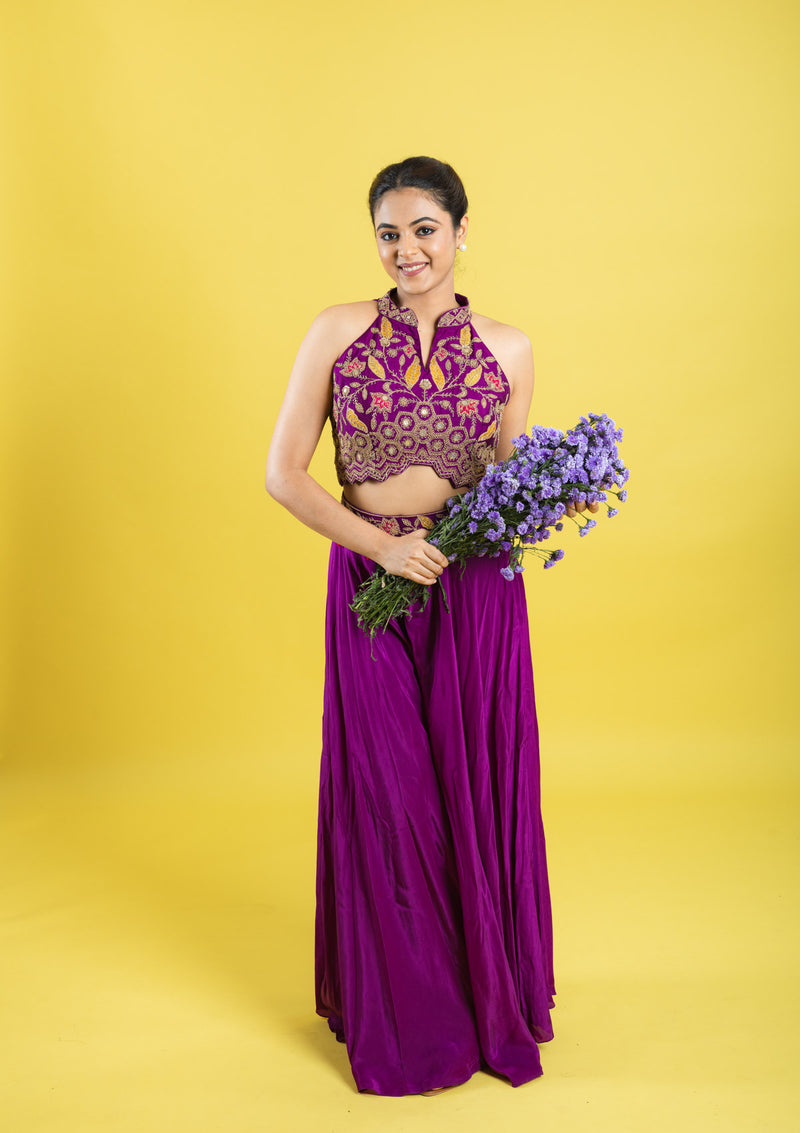 Indo western hand embroidered crop top with flared palazzu pant