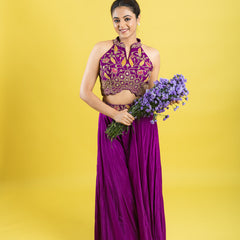 Indo western hand embroidered crop top with flared palazzu pant