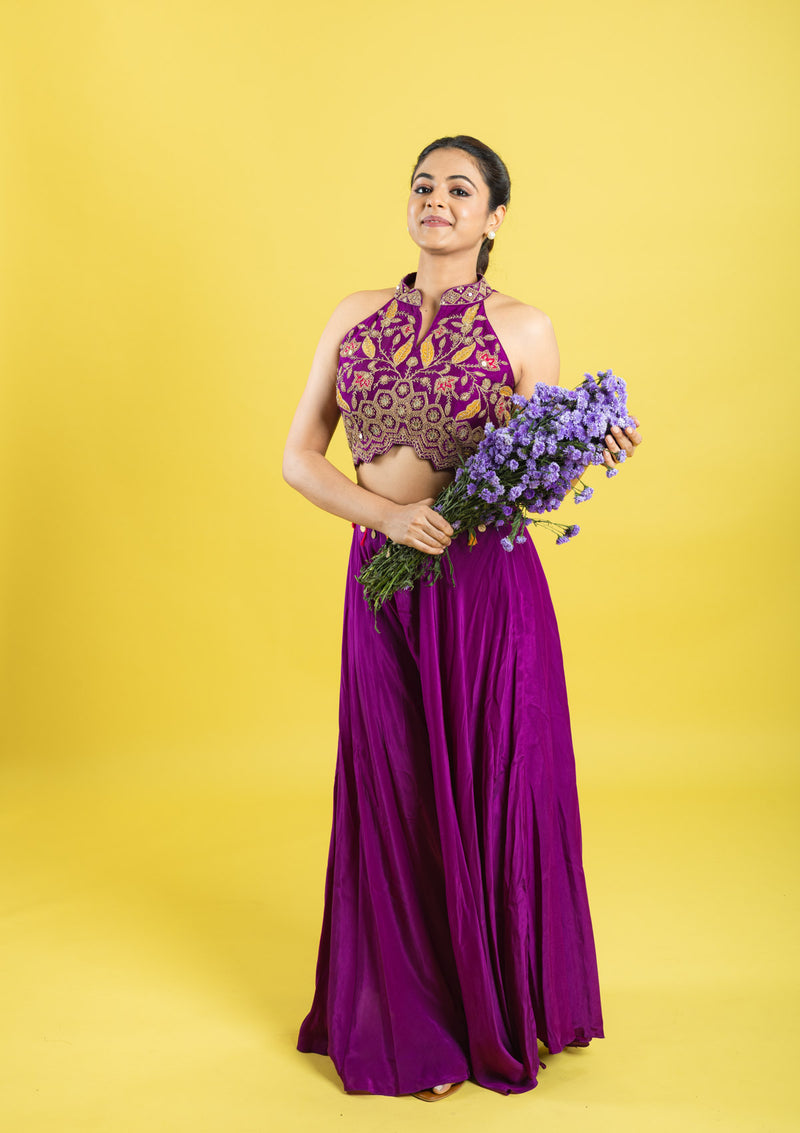 Indo western hand embroidered crop top with flared palazzu pant