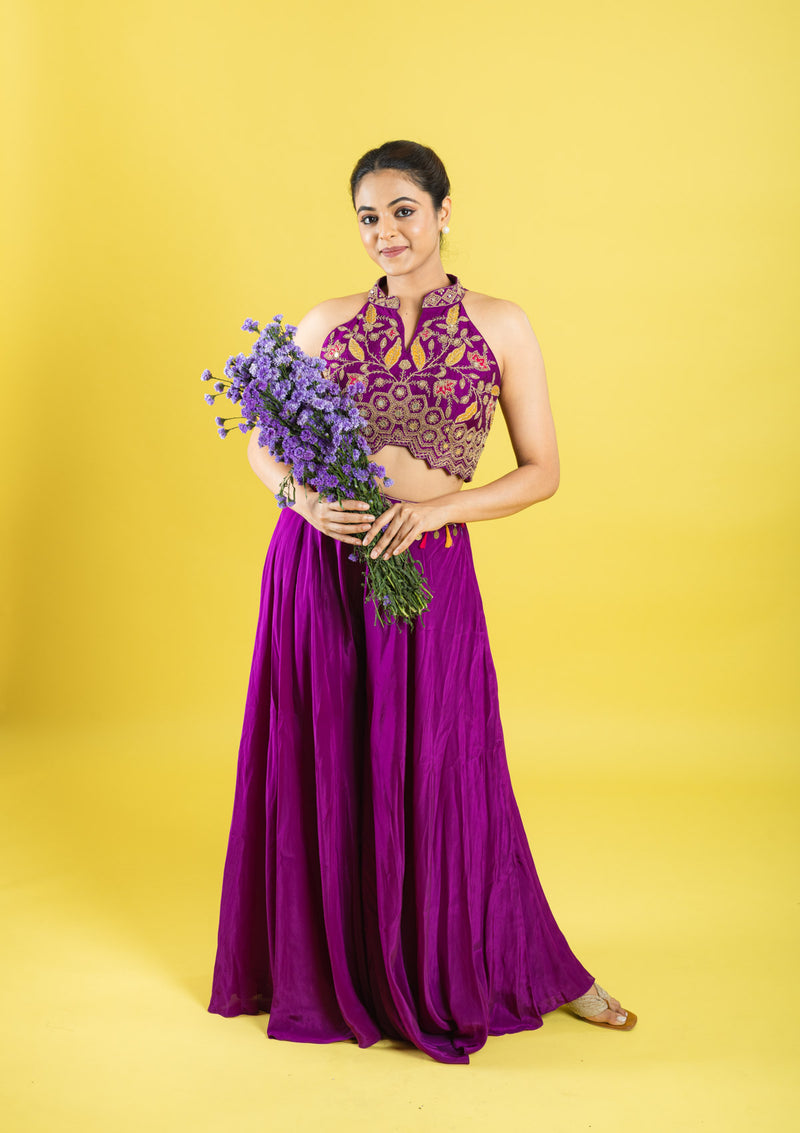 Indo western hand embroidered crop top with flared palazzu pant