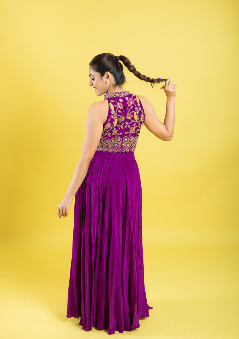 Indo western hand embroidered crop top with flared palazzu pant