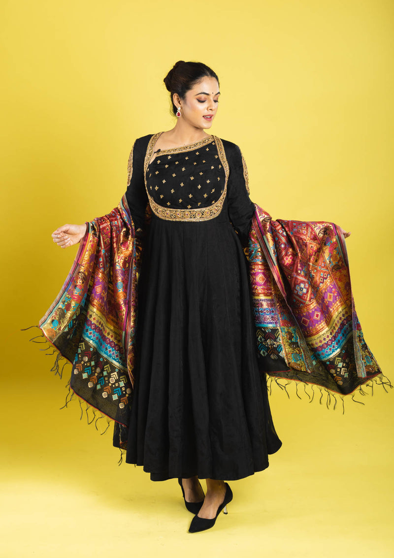 pure organza silk anarkali hand embroidered with zardozi,kaddana,sequin clubbed with multicolored weaved dupatta