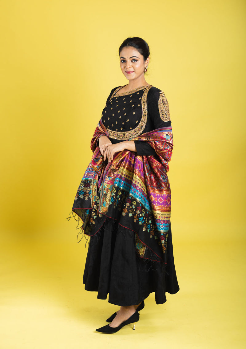 pure organza silk anarkali hand embroidered with zardozi,kaddana,sequin clubbed with multicolored weaved dupatta