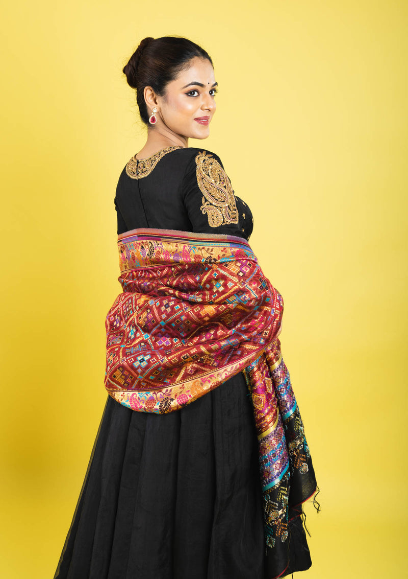 pure organza silk anarkali hand embroidered with zardozi,kaddana,sequin clubbed with multicolored weaved dupatta