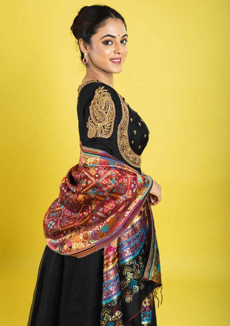 pure organza silk anarkali hand embroidered with zardozi,kaddana,sequin clubbed with multicolored weaved dupatta
