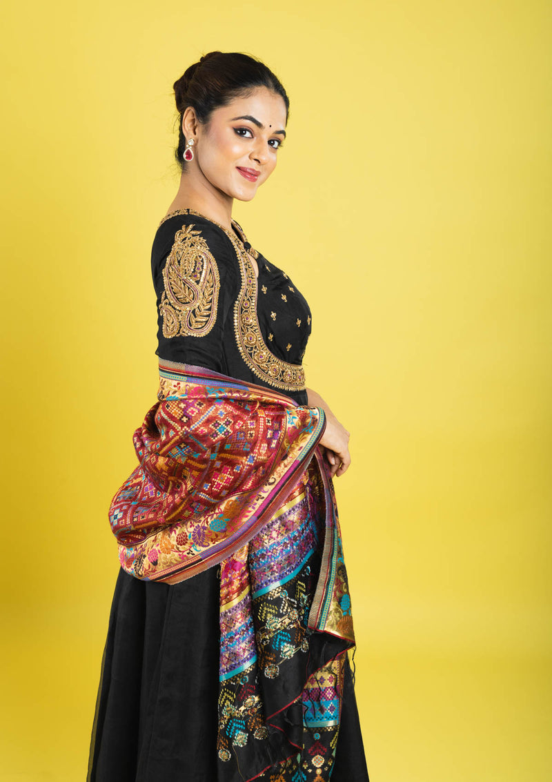 pure organza silk anarkali hand embroidered with zardozi,kaddana,sequin clubbed with multicolored weaved dupatta