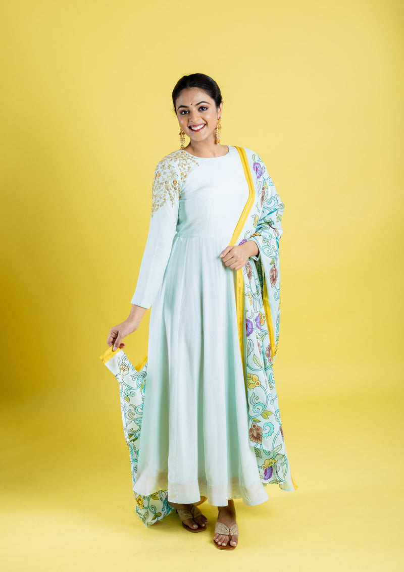 Pure crepe silk hand embroidered anarkali cubbed with pure silk kalamkari dupatta, which has got the katha work highlight all across