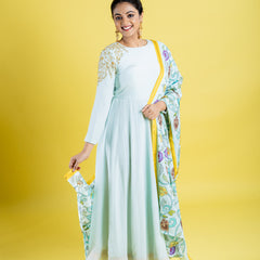 Pure crepe silk hand embroidered anarkali cubbed with pure silk kalamkari dupatta, which has got the katha work highlight all across