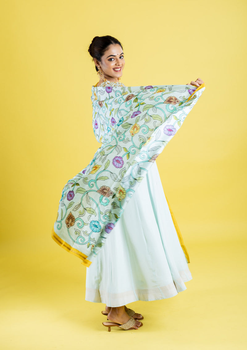 Pure crepe silk hand embroidered anarkali cubbed with pure silk kalamkari dupatta, which has got the katha work highlight all across