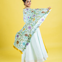 Pure crepe silk hand embroidered anarkali cubbed with pure silk kalamkari dupatta, which has got the katha work highlight all across