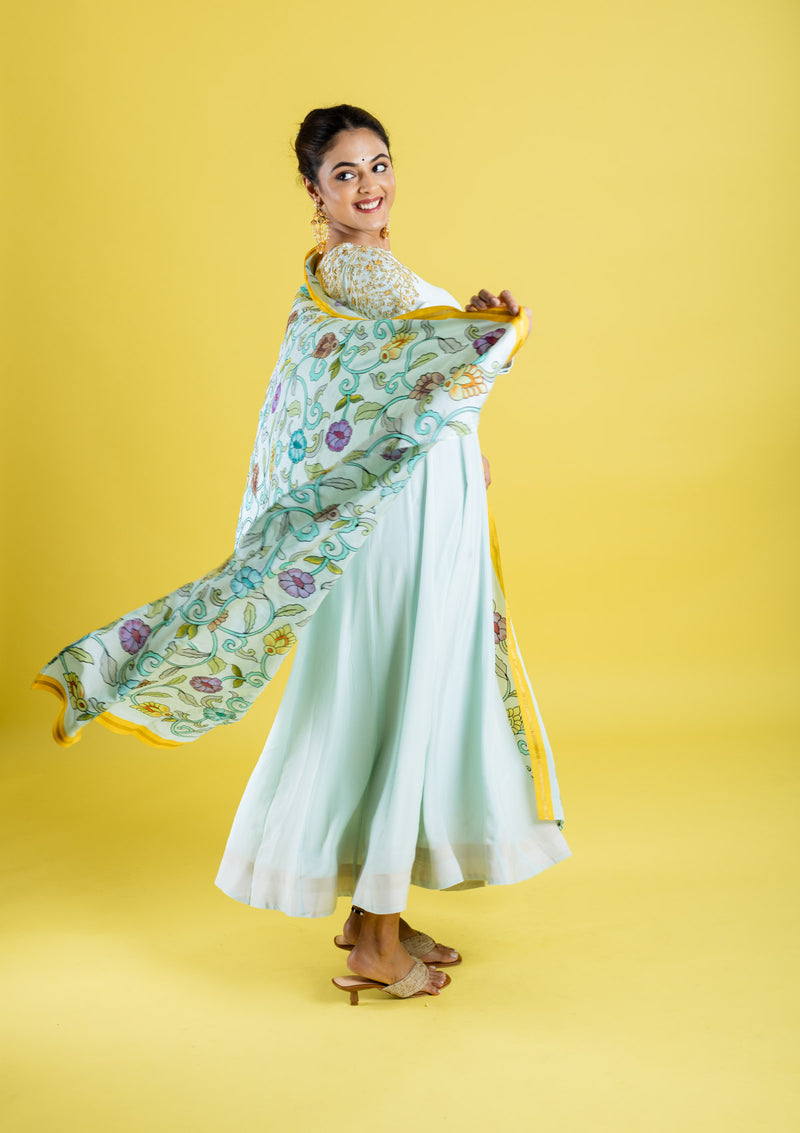 Pure crepe silk hand embroidered anarkali cubbed with pure silk kalamkari dupatta, which has got the katha work highlight all across