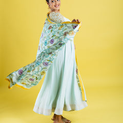 Pure crepe silk hand embroidered anarkali cubbed with pure silk kalamkari dupatta, which has got the katha work highlight all across