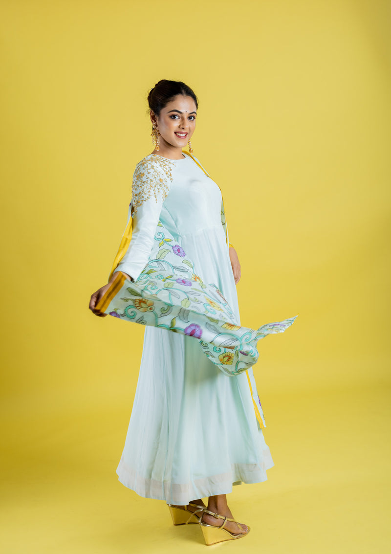Pure crepe silk hand embroidered anarkali cubbed with pure silk kalamkari dupatta, which has got the katha work highlight all across