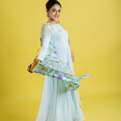 Pure crepe silk hand embroidered anarkali cubbed with pure silk kalamkari dupatta, which has got the katha work highlight all across