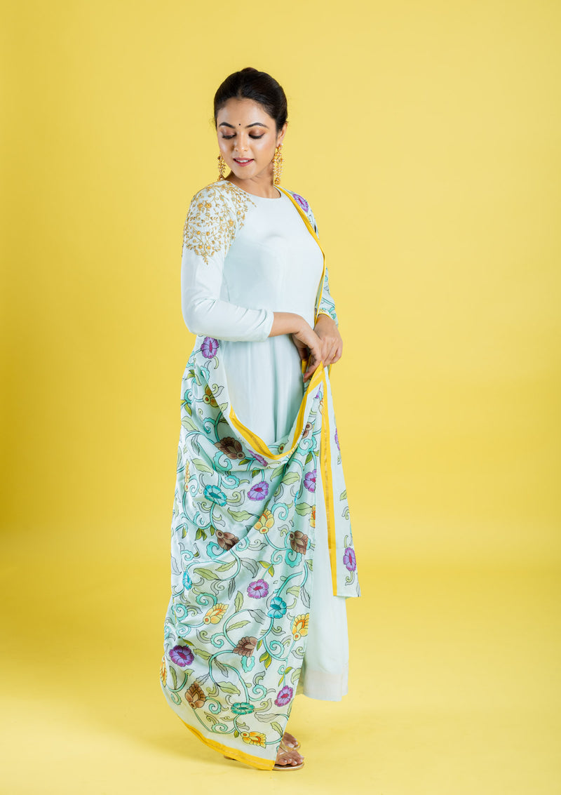 Pure crepe silk hand embroidered anarkali cubbed with pure silk kalamkari dupatta, which has got the katha work highlight all across