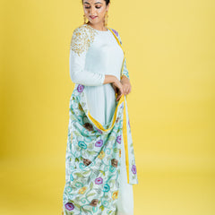 Pure crepe silk hand embroidered anarkali cubbed with pure silk kalamkari dupatta, which has got the katha work highlight all across