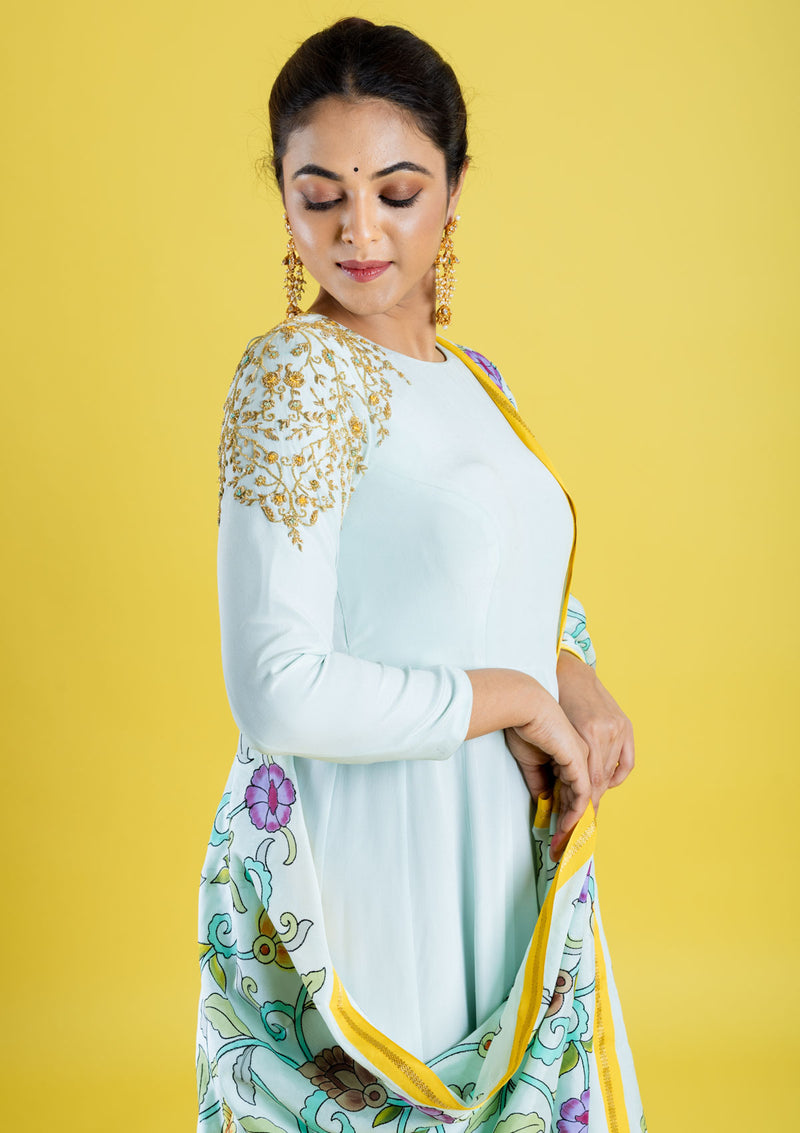 Pure crepe silk hand embroidered anarkali cubbed with pure silk kalamkari dupatta, which has got the katha work highlight all across