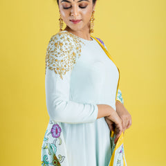 Pure crepe silk hand embroidered anarkali cubbed with pure silk kalamkari dupatta, which has got the katha work highlight all across