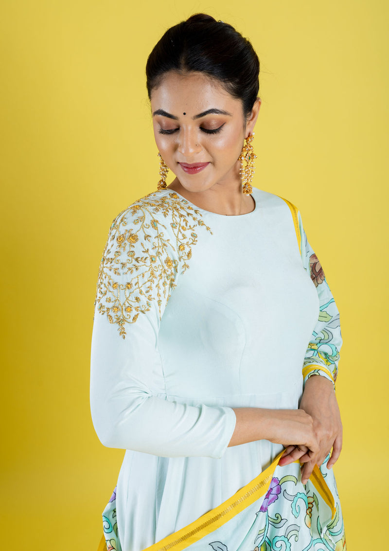 Pure crepe silk hand embroidered anarkali cubbed with pure silk kalamkari dupatta, which has got the katha work highlight all across