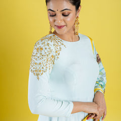 Pure crepe silk hand embroidered anarkali cubbed with pure silk kalamkari dupatta, which has got the katha work highlight all across