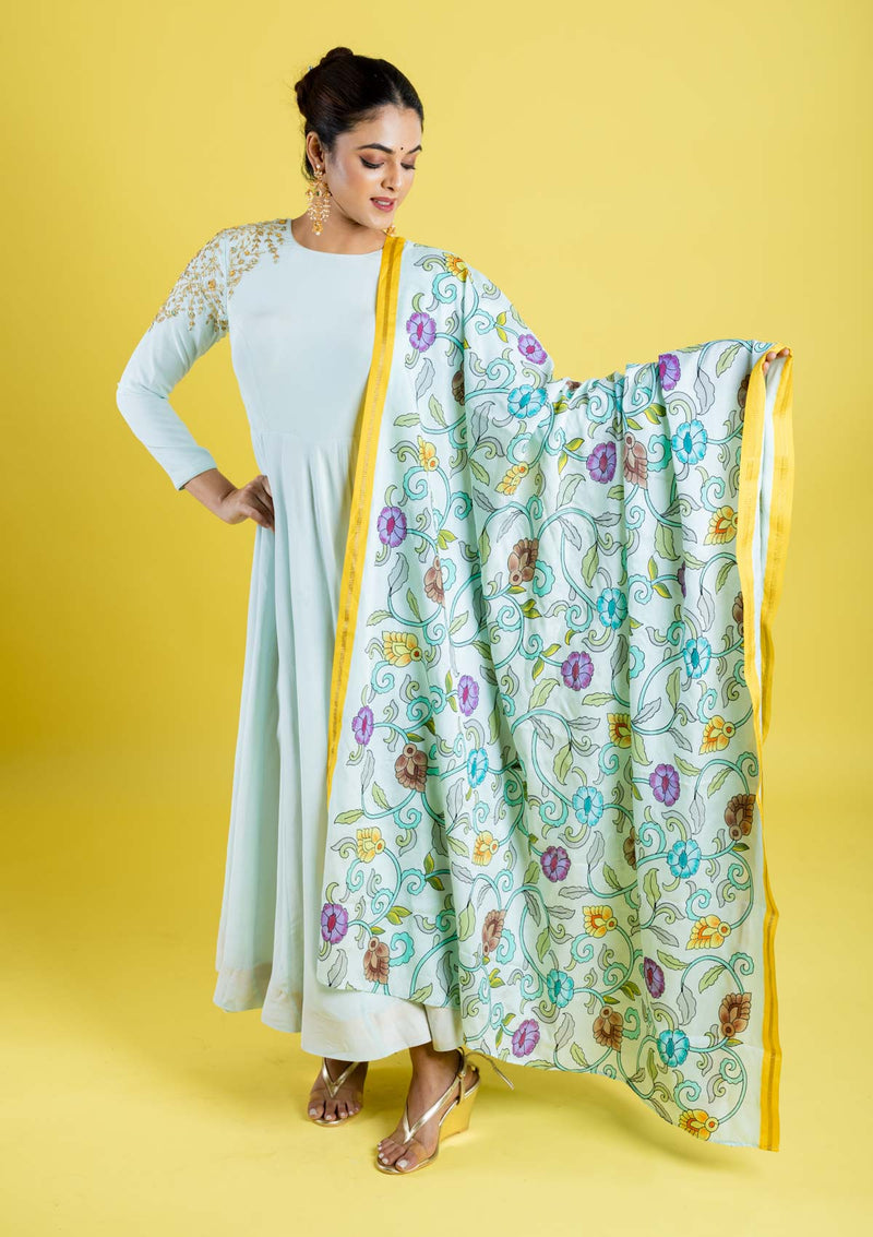 Pure crepe silk hand embroidered anarkali cubbed with pure silk kalamkari dupatta, which has got the katha work highlight all across