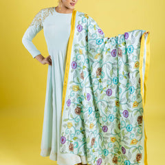 Pure crepe silk hand embroidered anarkali cubbed with pure silk kalamkari dupatta, which has got the katha work highlight all across