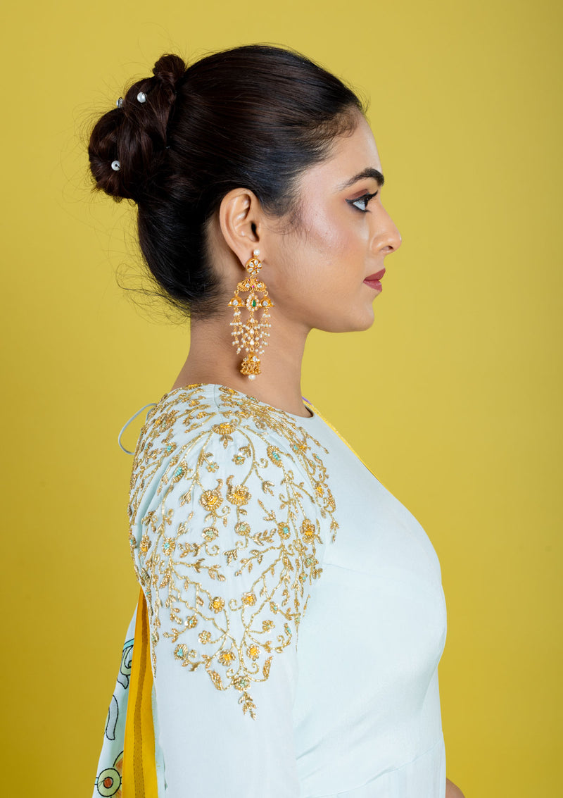 Pure crepe silk hand embroidered anarkali cubbed with pure silk kalamkari dupatta, which has got the katha work highlight all across