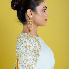 Pure crepe silk hand embroidered anarkali cubbed with pure silk kalamkari dupatta, which has got the katha work highlight all across