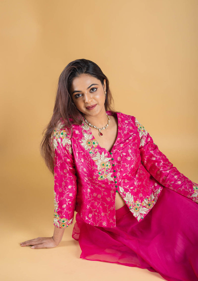 Designer hand embroidered with dori,kundan,zari pure brocade silk koti blouse clubbed with pure organza silk umbrella skirt