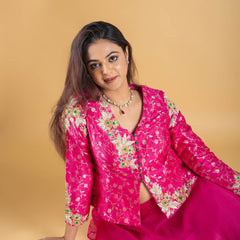 Designer hand embroidered with dori,kundan,zari pure brocade silk koti blouse clubbed with pure organza silk umbrella skirt