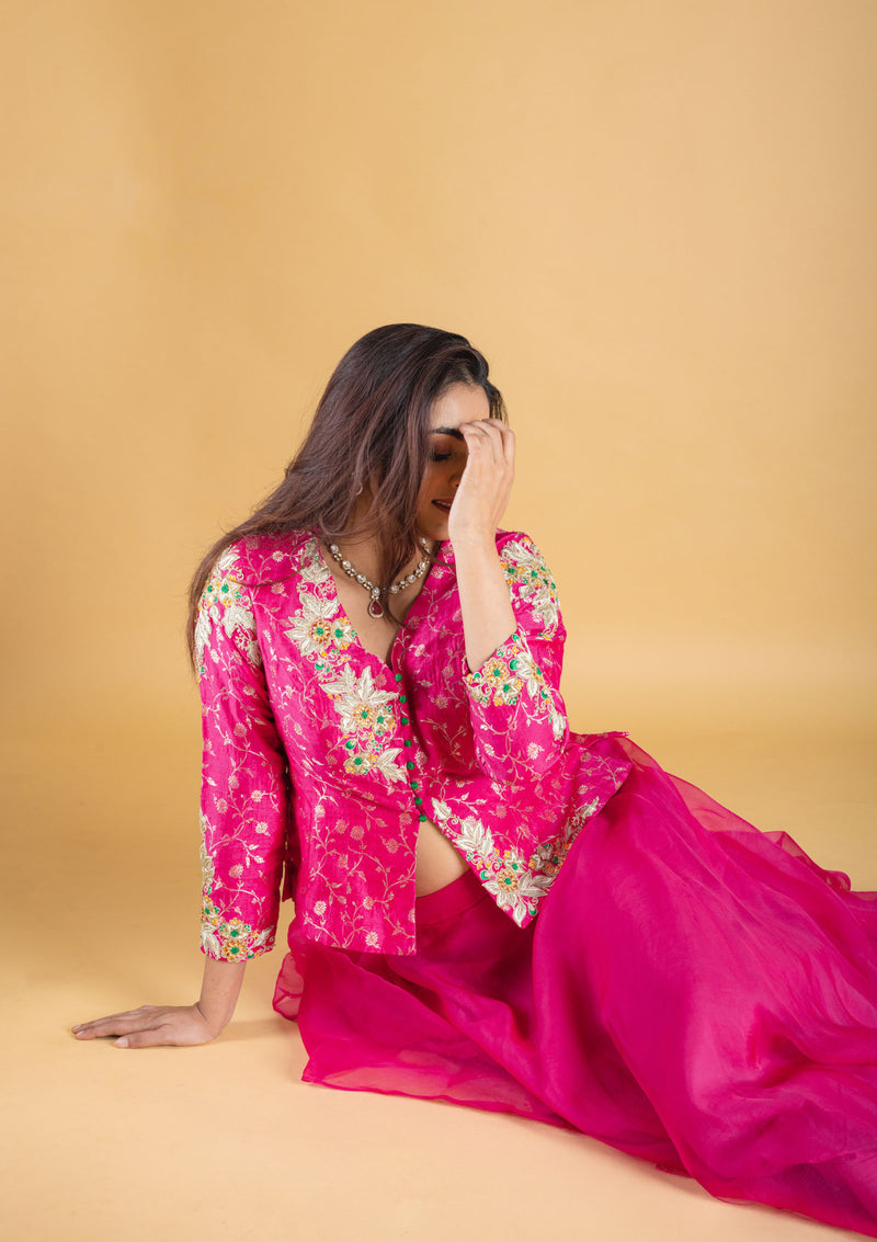 Designer hand embroidered with dori,kundan,zari pure brocade silk koti blouse clubbed with pure organza silk umbrella skirt