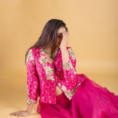 Designer hand embroidered with dori,kundan,zari pure brocade silk koti blouse clubbed with pure organza silk umbrella skirt
